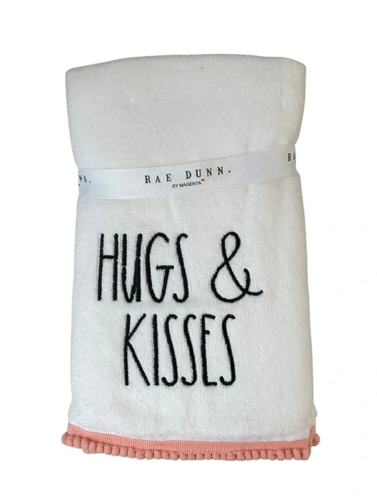 Rae Dunn Hugs & Kisses White Plush Throw Blanket Pink Pom Pom Trim NWT