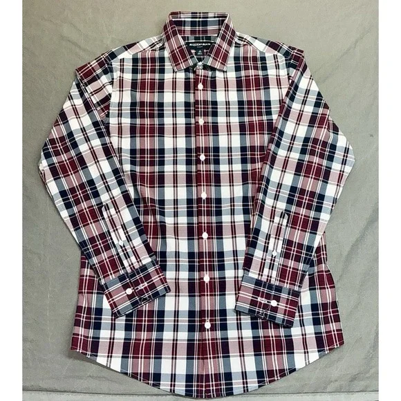 Mizzen+Main Shirt Men Medium Red Plaid Trim Fit Slim Leeward Performance