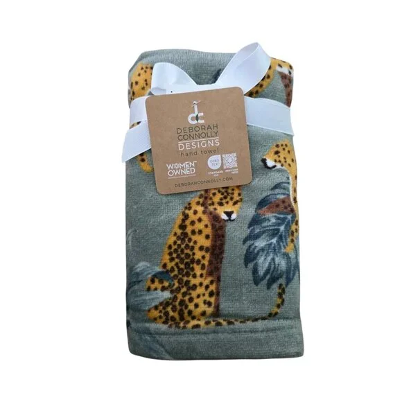 Deborah Connolly Set of 2 Cheetah Leopard Jungle Green Hand Towels NWT
