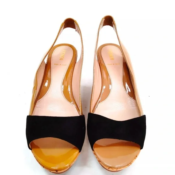 Fendi Tan and Black Wedge Shoes with Slingback Design