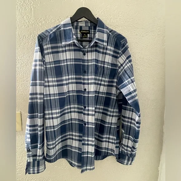 Stanley Navy and White Plaid Long Sleeve Button Down Casual Shirt Size‎ Medium