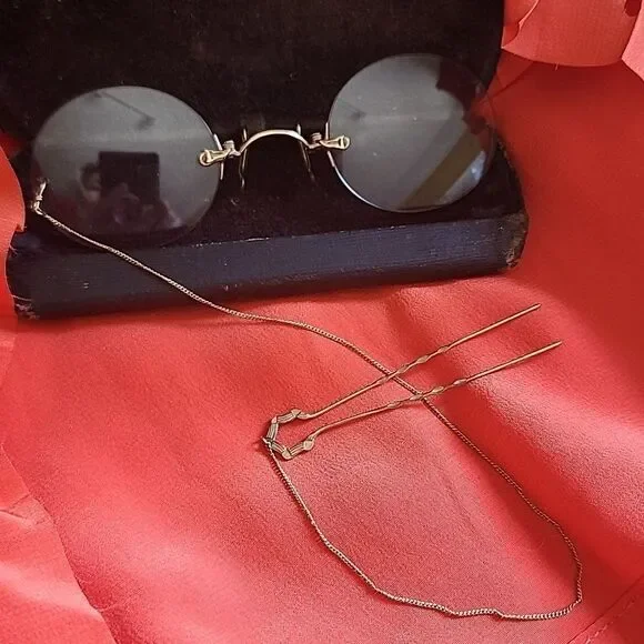Antique Victorian Ladies Pince~nez Spectacles With Gold Tone Hair Pin & Chain