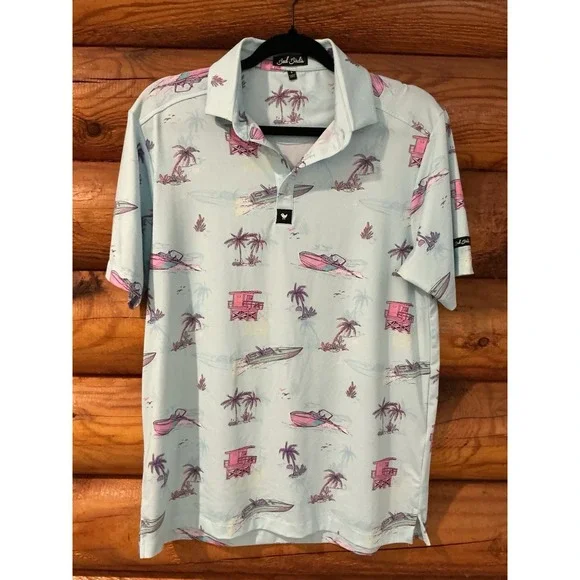 Bad Birdie‎ Polo Shirt Mens Size Small Boating Palm Tree Print Golf Short Sleeve