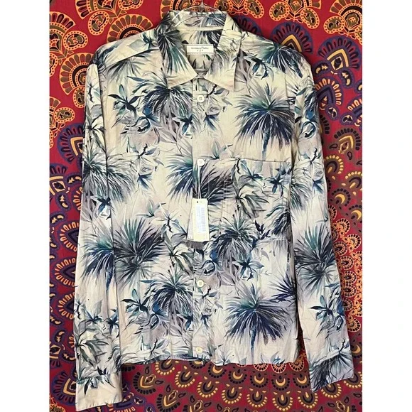 TINTORIA MATTEI‎ Italy Floral Palms Dress Shirt All Seasons Cotton L Fit Elastic