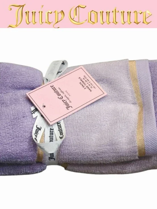 Juicy Couture Home Gold Embrodried Stripe Set Of 2 Hand Towels- Lavender