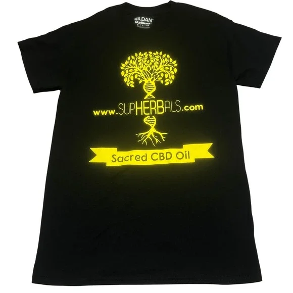 Gildan Mens SupHerbals Sacred CBD Oil T-Shirt Small Black Yellow Graphic Tee