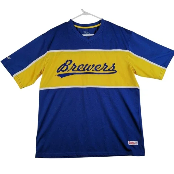 Milwaukee Brewers MLB Script Embroidered Blue Yellow Stitches Shirt Size L