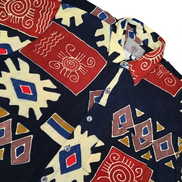 The Territory Ahead Shirt Mens L Rayon Abstract Tribal Aztec Button Up Vtg Style