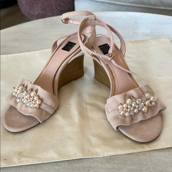 WHBM pink suede beaded wedges. Size 71/2