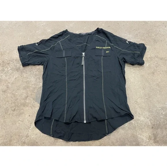Harley-Davidson Shirt Mens Medium Black‎ Twill Full Zip V-Neck Workwear Biker MC