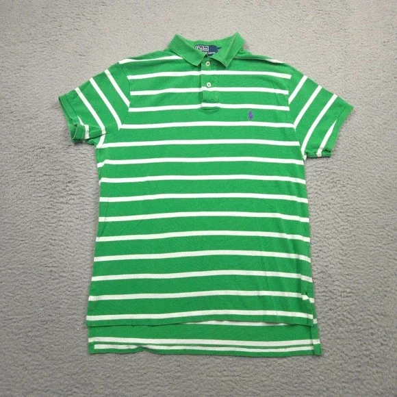 Polo Ralph Lauren Mens Medium Green White Striped Custom Fit Pony Polo Shirt