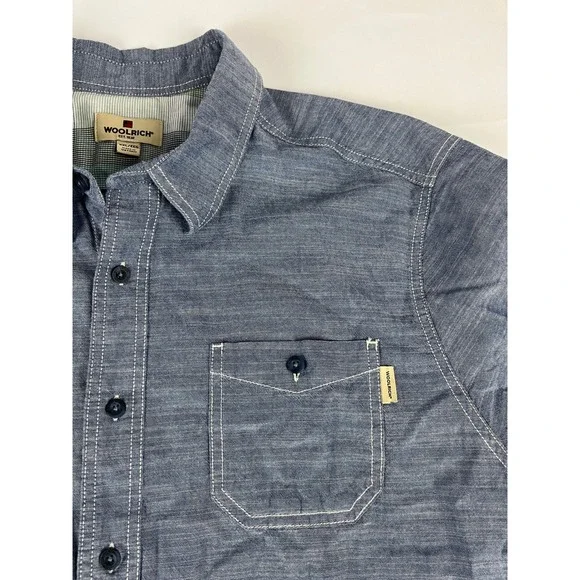 WOOLRICH Men's Blue Chambray Short Sleeve Button Up Shirt XXL‎