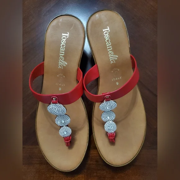 Toscanella Red Rhinestone Wedge Thong Sandals Made in Italy Womens Size 9 Dylan