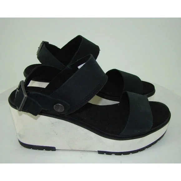 TIMBERLAND WOMENS BLACK WHITE KORALYN WEDGE PLATFORM SANDALS A26SF SIZE 10 C134