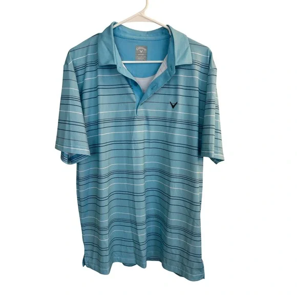 Callaway Polo Shirt Mens Large Blue Opti-Dri Striped Short Sleeve Golf Athletic
