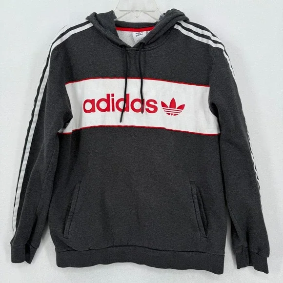 Adidas Originals Men's L Hoodie Trefoil Logo 3 Stripe Pullover Gray Red DW5895