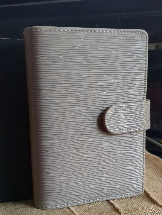 A6 Saffiano Binder In Taupe with Gold Hardware.