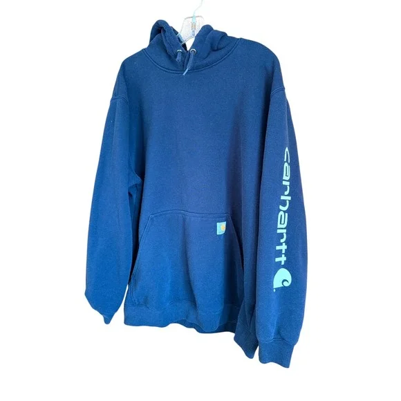 Carhartt Hoodie XL Loose Fit Navy‎ Blue Spell Out Logo Sleeve Sweatshirt