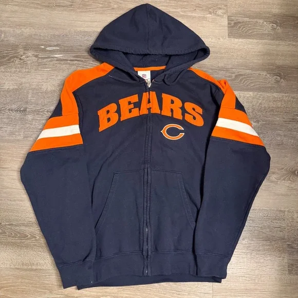 NFL Chicago Bears Full Zip Hoodie Navy Blue‎ Orange Spellout Logo Mens Small