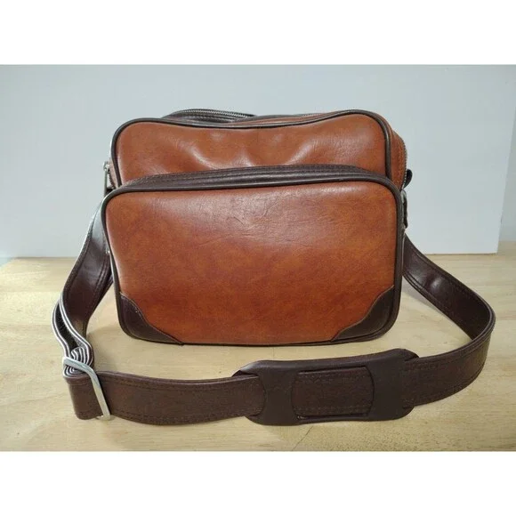 Vintage 3 Compartment Brown Leather CAMERA BAG 12 W x 7 D x 9 H W/Shoulder Strap