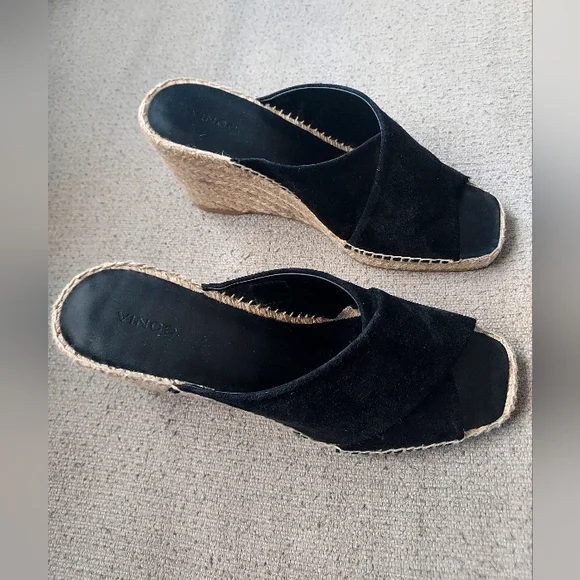 Vince Black Suede Leather Wedge Espadrille Sandals Sz-9.5