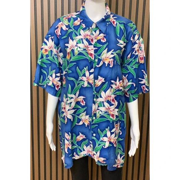 Kahala Hawaiian Islands Men's Blue Floral Orchid Cotton Shirt XL Hawaii