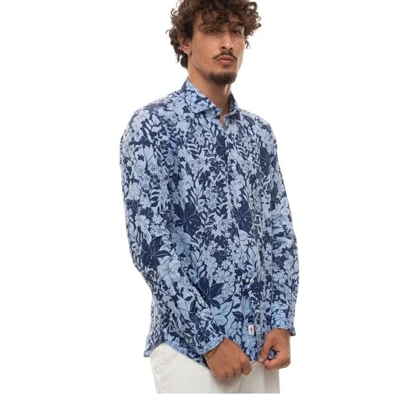 Vincenzo de Lauziers Sette Corni Blue Floral Button Up Shirt Men's Large‎ Cotton
