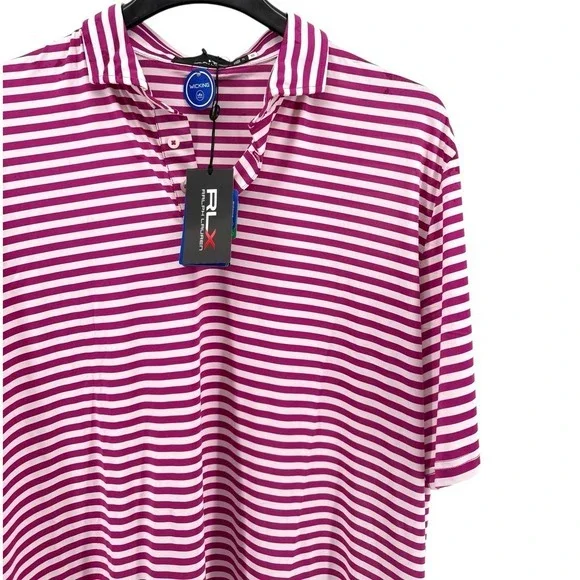 NEW RLX Ralph Lauren Mens XL Golf Performance Moisture Wicking Pink White Stripe
