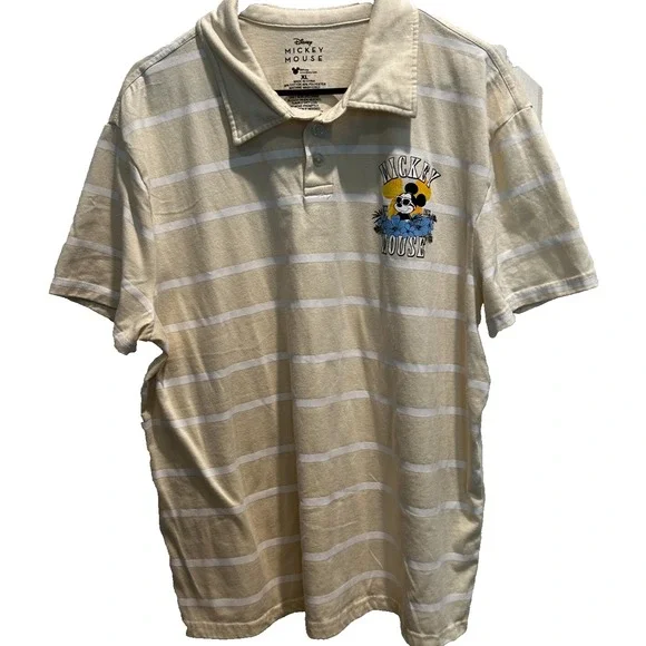 Disney‎ Mickey Mouse Men's Polo Shirt XL Cotton Blend Yellow White Stripe