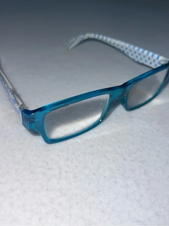 Vintage blue rectangular reading +2.75 glasses with a polka-dot pattern