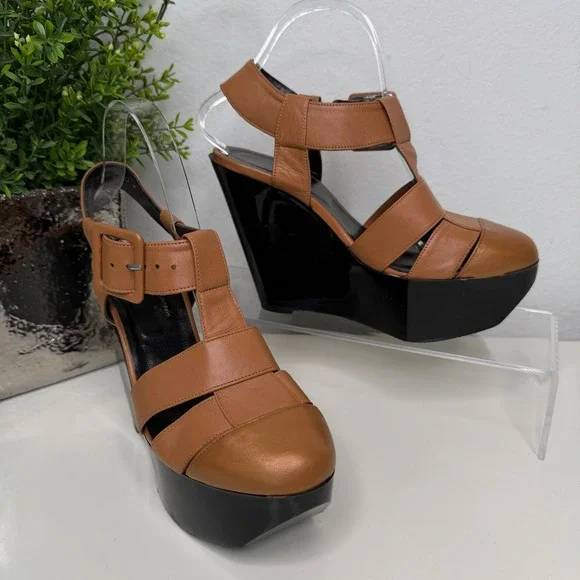 Robert Clergerie Wedge Sandals Tan Leather Platform Architectural 39.5 FR/9US