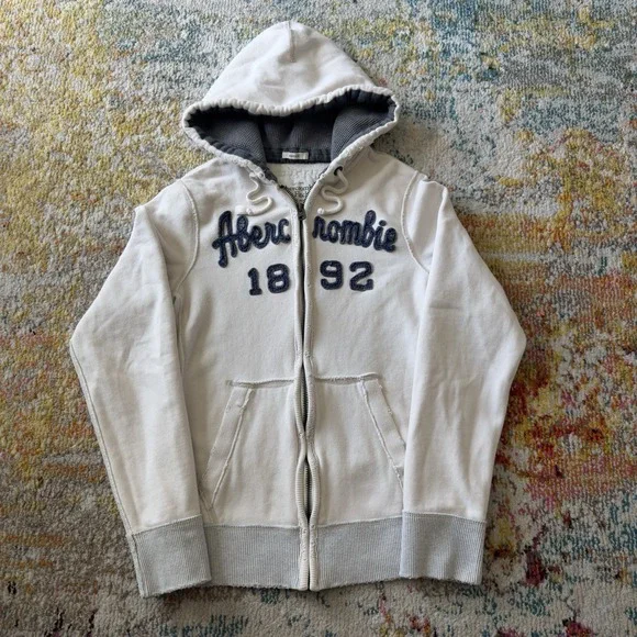 Vintage Abercrombie & Fitch Y2K White Zip Up Hoodie Muscle Fit Medium