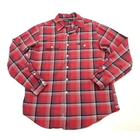 Vintage Polo Ralph Lauren Loop Collar Camp Flannel Shirt Large 90s
