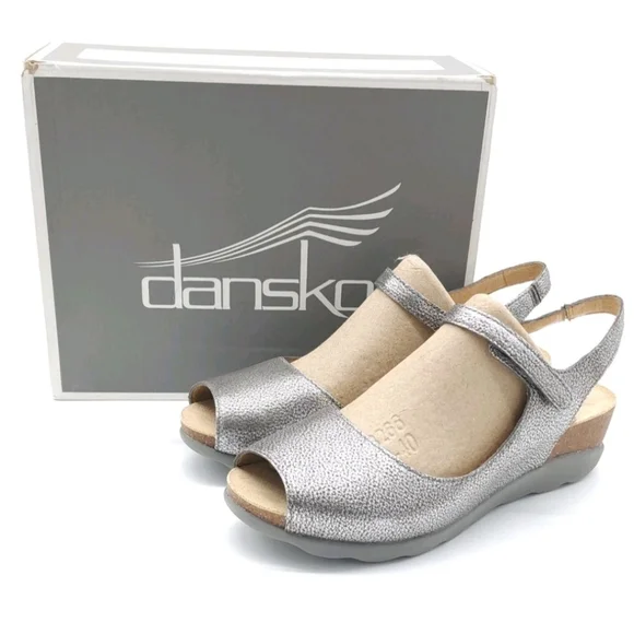 Dansko Marcy Metallic Pewter Wedge Slingback Sandals Size EU 40 US 9.5/10