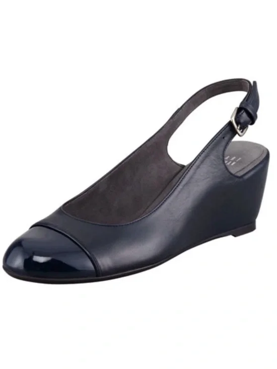 STUART WEITZMAN AUTH $399 Women Navy Blue Nappa Leather Tipin Cap Toe Wedge 6.5