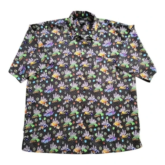 ZAM Short Sleeve Button‎ Up Vintage Black Shirt Size 2XL Cars City Colorful NWOT