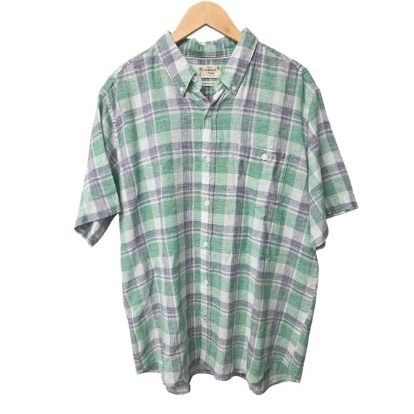 Weatherproof Vintage LINEN Blend Button Down Shirt Men XL Green Plaid Casual EUC