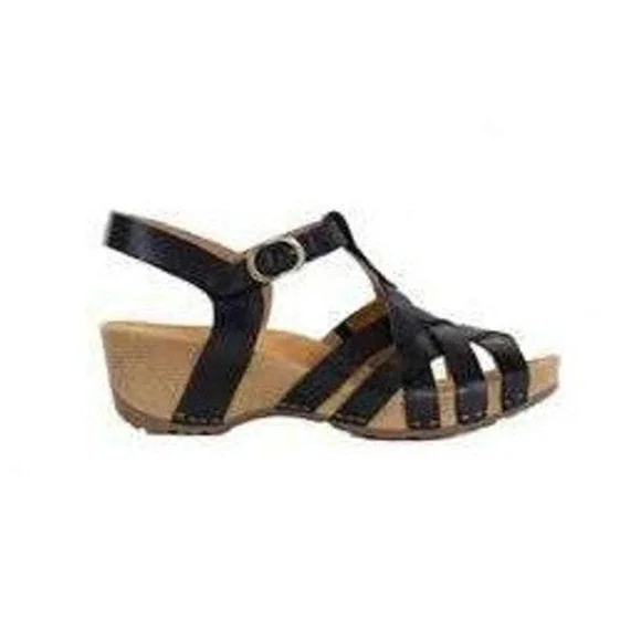Dansko Womens Black‎ Leather T-Strap Wedge Sandals Size 39 EU 8.5-9 US Strappy