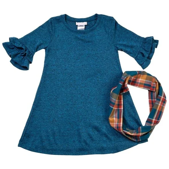 Bonnie Jean Double Bell Sleeves Knit Dress & Matching Scarf Set Girls 10 Blue