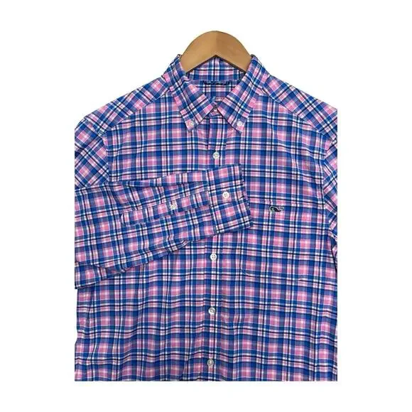 Vineyard Vines Shirt Mens Small Blue Pink On The Go Performance Plaid Preppy