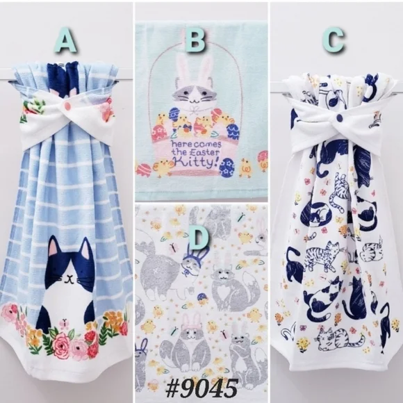 #9045-D NEW! CATS/Easter/Spring Hang'N'Snap Towel🤍PLASTIC SNAP