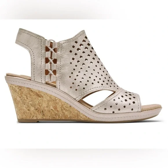 Cobb Hill Rockport Womens Metallic Gold Leather Wedge Sandals‎ 9.5 Summer Chic