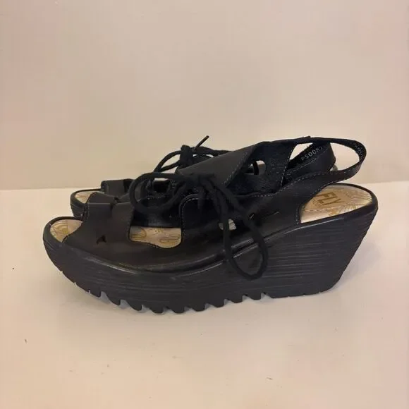 Fly London Black Leather Open Toe and Heel Cutout Detail Wedges‎ US 6