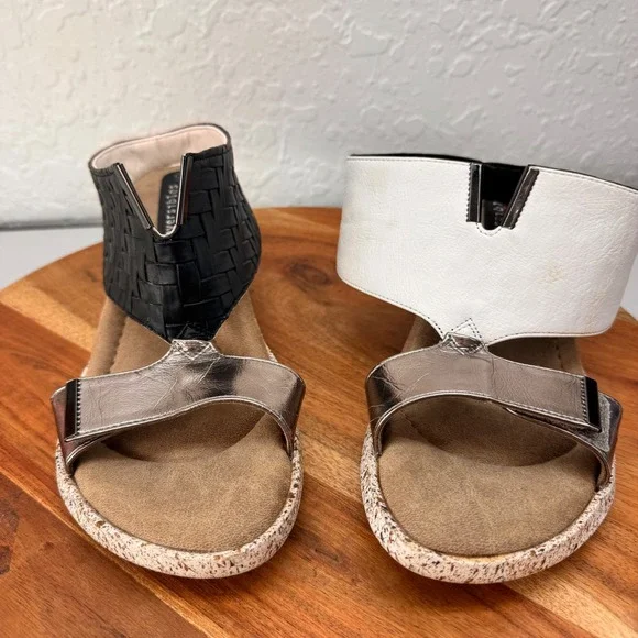 Modzori Reversible Wedge Sandals Womens 9 Black White Silver Metallic Woven