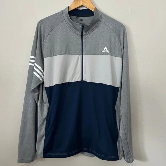 Adidas Pullover‎ Mens Large Gray Navy 1/4 Zip Colorblock Sweatshirt Athletic