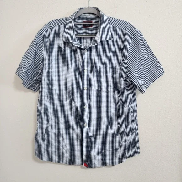 UNTUCKIT Mens‎ Large Slim Fit Blue White Striped Short Sleeve Shirt