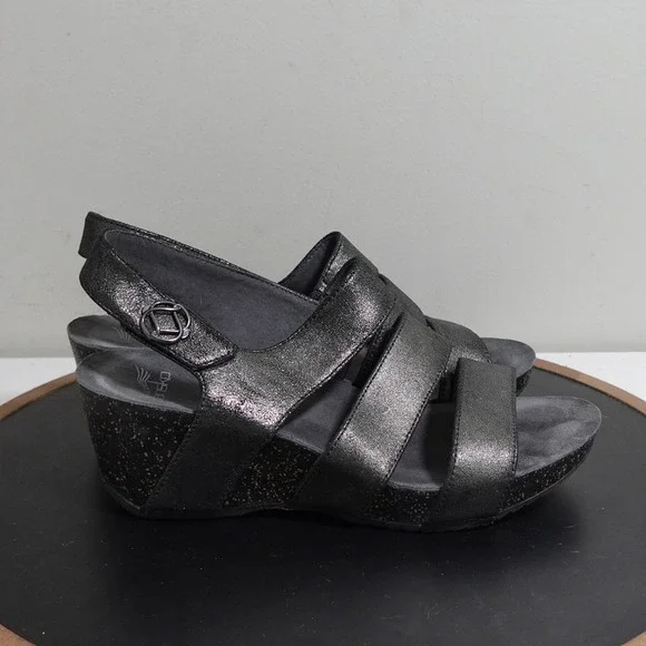 Dansko‎ Brandi Wedge Sandals Women 38 7.5-8 Metallic Black Leather Comfort Dress