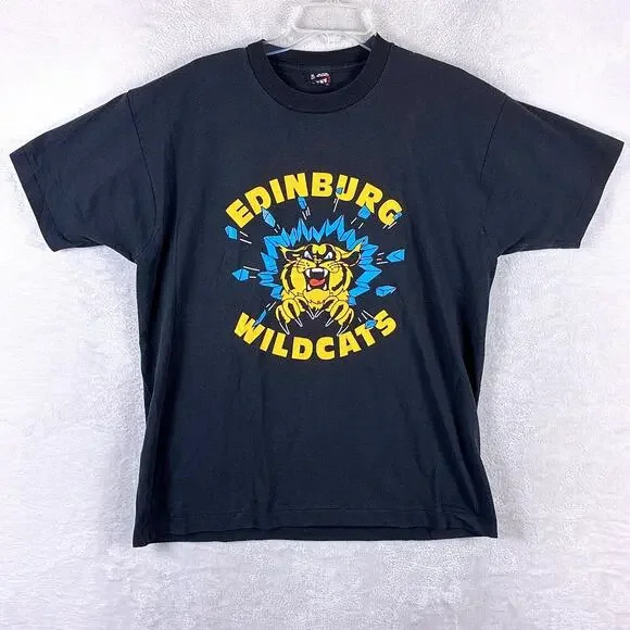 VTG Besy Edinburg Wildcats Tshirt Mens XL Black Yellow Single Stitch 80s USA