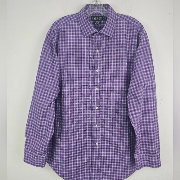 Lauren Ralph Lauren Sz 17.5 34-35 Purple White Check Button Up Shirt Classic