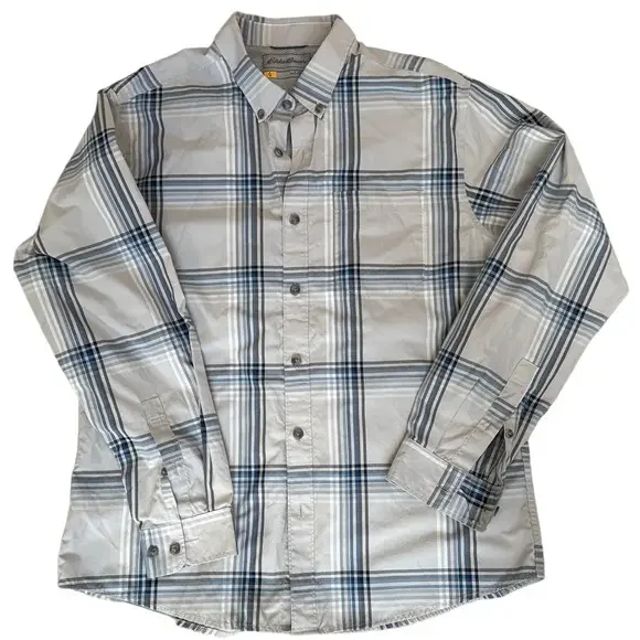 Eddie Bauer Button Up blue plaid Shirt Mens sz L Long Sleeve